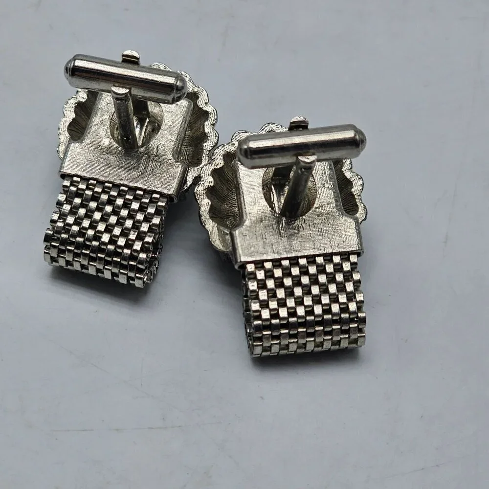 Vintage Mens Silver Mesh Cufflinks With Hypnotic Swirl Design